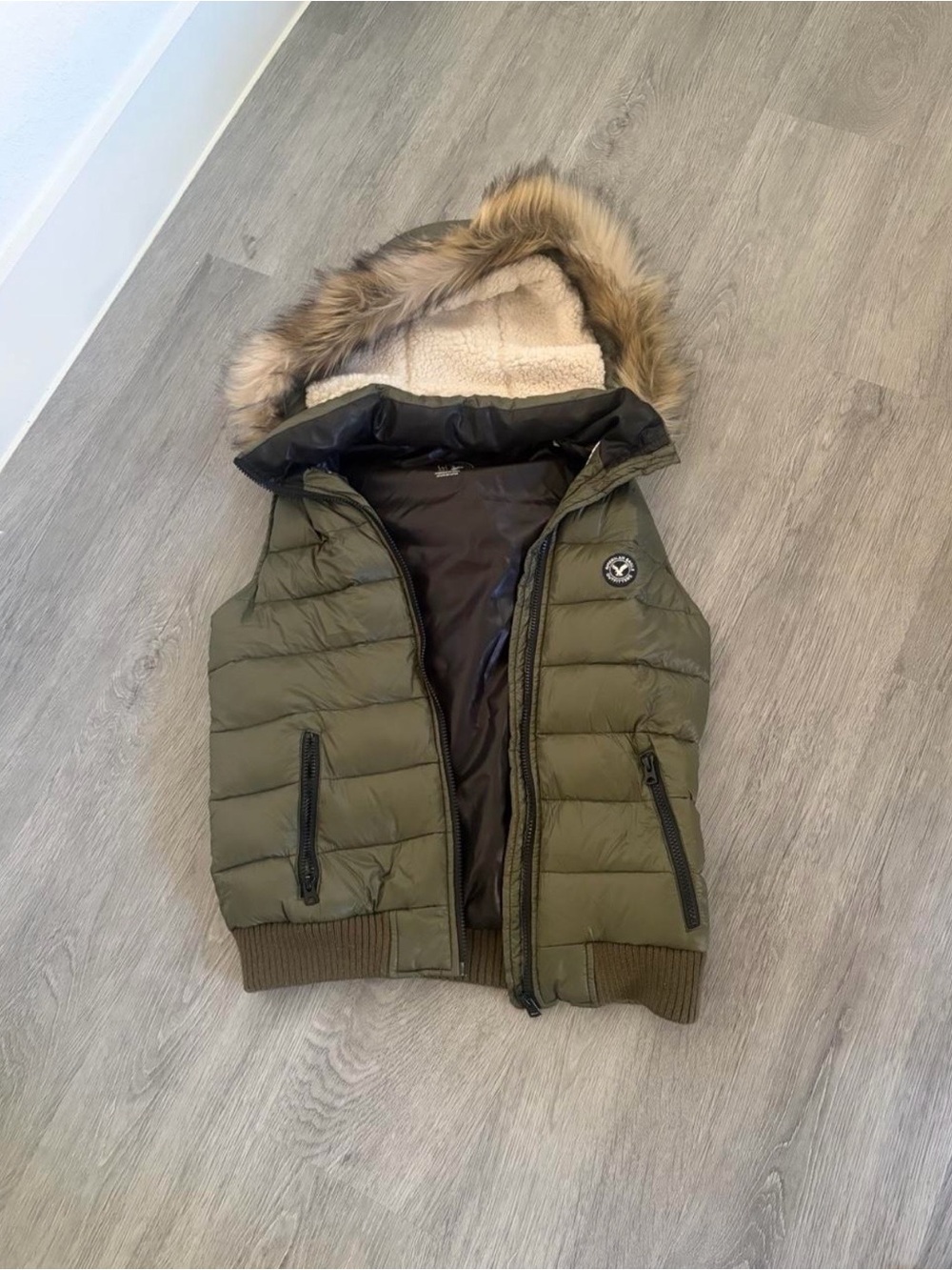 Quilted Olive Hooded Vest with Faux Fur Trim